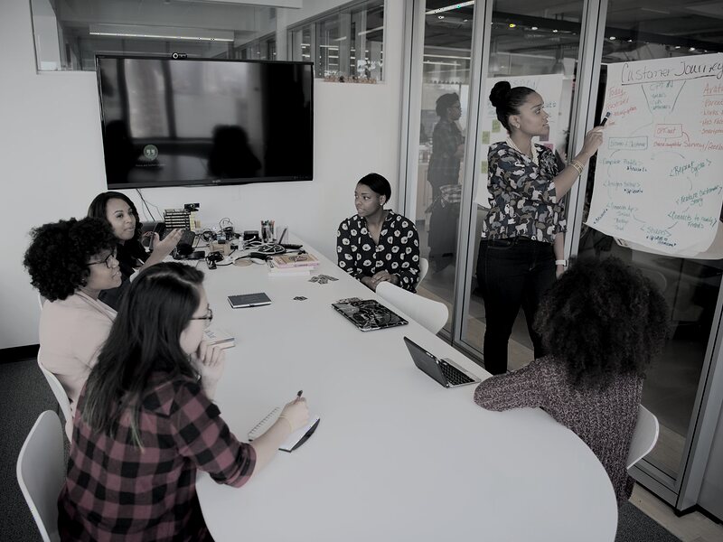 Team member leading a sales training session at a whiteboard